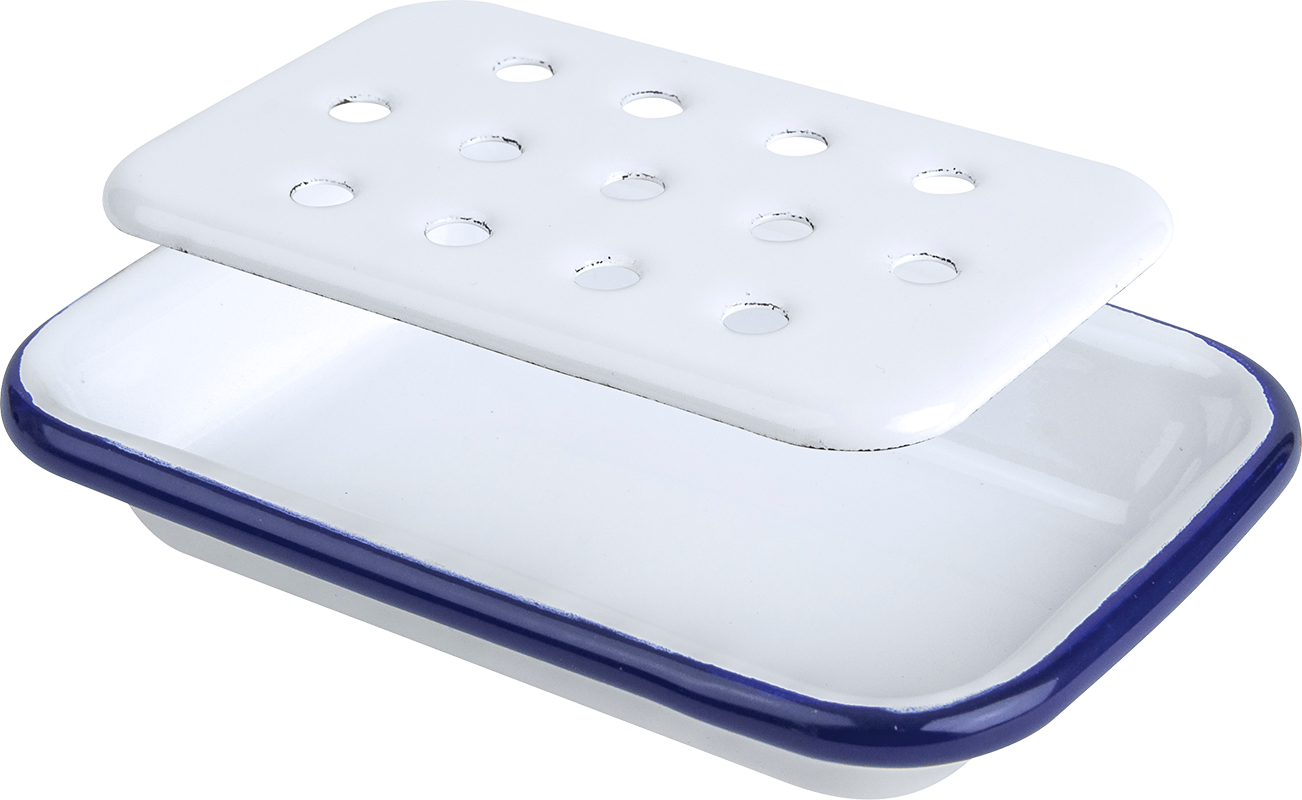 White with Blue Trim Enamel Soap Dish