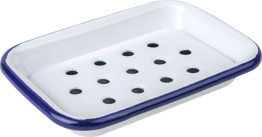 White with Blue Trim Enamel Soap Dish